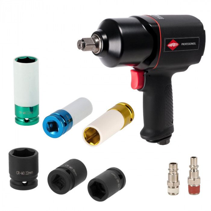 Coffret clé à choc pneumatique 1/2" 1112 Nm 8000 tr/min 6.2 bar +/- 225 l/min avec 6 Douilles