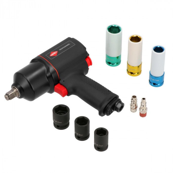 Coffret clé à choc pneumatique 1/2" 1112 Nm 8000 tr/min 6.2 bar +/- 225 l/min avec 6 Douilles